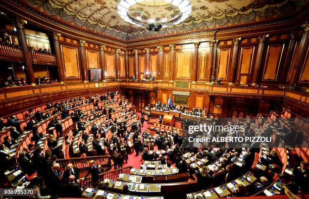 View of the Italian Senate during its first session, in Rome on March 23, 2018 following the March 4 vote. - Italy's deadlocked parliament reconvened...