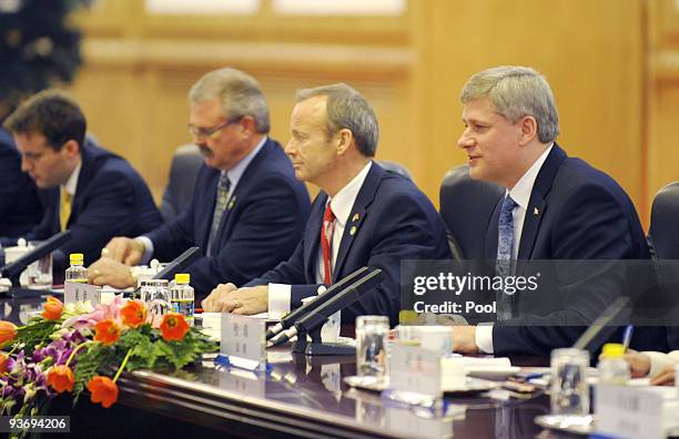 Canada's Prime Minister Stephen Harper and Chinese Prime Minister Wen Jiabao attend a bilateral meeting at the Great Hall of the People in Beijing on...