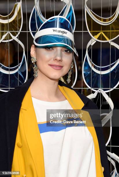 Andreea Cristea attends Wrangler Revival Blue & Yellow on March 22, 2018 in London, England.