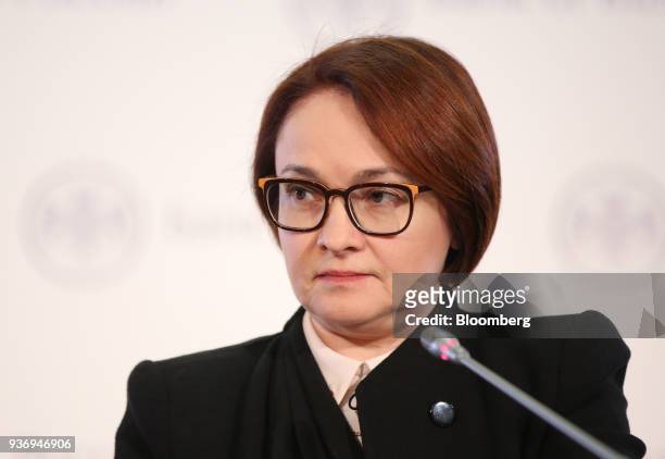 Elvira Nabiullina, governor of Russia's central bank, pauses during a news conference following an interest rate announcement in Moscow, Russia, on...