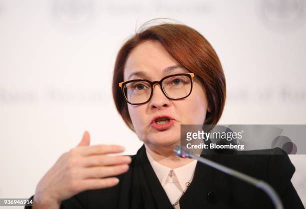 Elvira Nabiullina, governor of Russia's central bank, gestures as she speaks during a news conference following an interest rate announcement in...