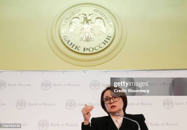 Elvira Nabiullina, governor of Russia's central bank, gestures as she speaks during a news conference following an interest rate announcement in...