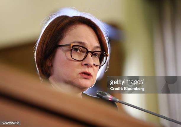 Elvira Nabiullina, governor of Russia's central bank, speaks during a news conference following an interest rate announcement in Moscow, Russia, on...