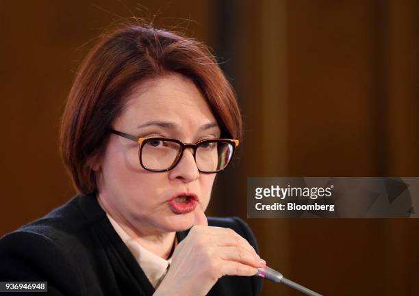 Elvira Nabiullina, governor of Russia's central bank, gestures as she speaks during a news conference following an interest rate announcement in...