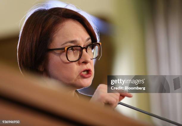 Elvira Nabiullina, governor of Russia's central bank, gestures as she speaks during a news conference following an interest rate announcement in...