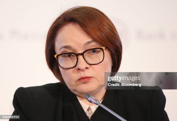 Elvira Nabiullina, governor of Russia's central bank, speaks during a news conference following an interest rate announcement in Moscow, Russia, on...