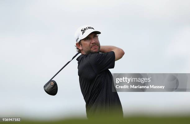 George McNeill plays his shot from the first tee during round two of the Corales Puntacana Resort & Club Championship on March 23, 2018 in Punta...