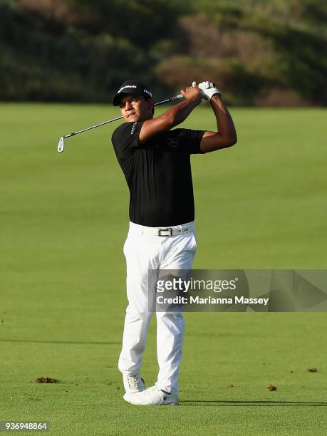 Fabian Gomez of Argentina plays his second shot on the first hole during round two of the Corales Puntacana Resort & Club Championship on March 23,...