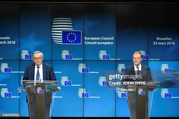 European Commission President Jean-Claude Juncker and European council President Donald Tusk give a joint press conference on the second day of a...