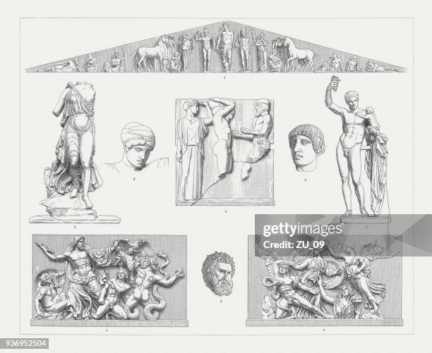 greek sculpture art (olympia and pergamon), wood engravings, published 1897 - zeus stock illustrations
