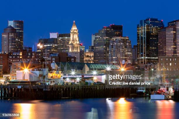blue hour, skyline, custom house, boston, massachusetts, america - boston financial district stock pictures, royalty-free photos & images