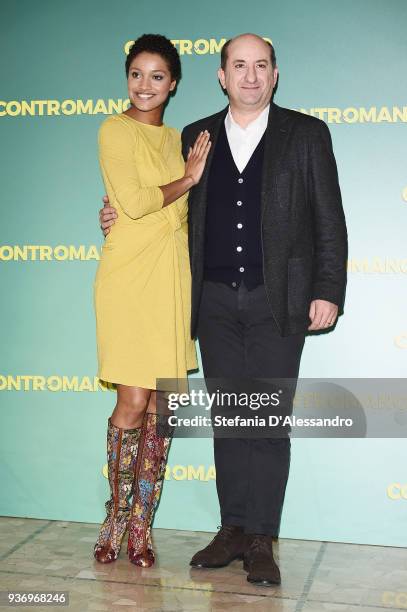 Aude Legastelois and Antonio Albanese attend a photocall for 'Contromano' on March 23, 2018 in Milan, Italy.