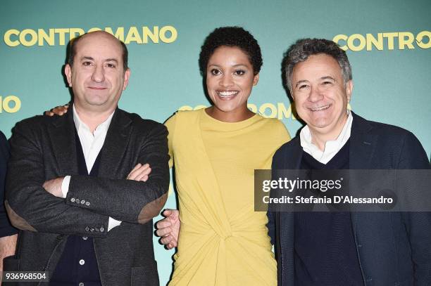 Aude Legastelois, Antonio Albanese and producer Paolo Del Brocco attend a photocall for 'Contromano' on March 23, 2018 in Milan, Italy.