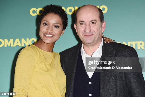 Aude Legastelois and Antonio Albanese attend a photocall for 'Contromano' on March 23, 2018 in Milan, Italy.