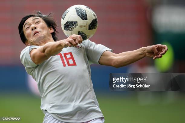 Shoya Nakajima of Japan during an international friendly between Japan and Mali at the Stade de Sclessin on March 23, 2018 in Liege, Belgium.