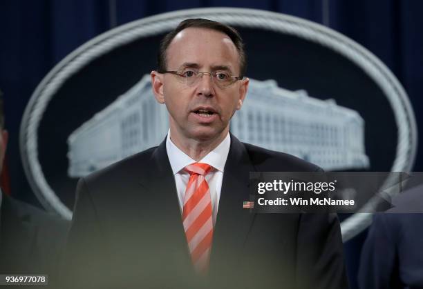 Deputy Attorney General Rod Rosenstein speaks at a press conference at the Department of Justice March 23, 2018 in Washington, DC. Rosenstein and...