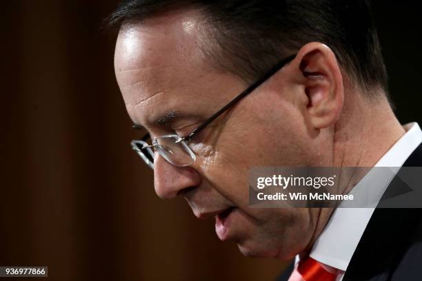 Deputy Attorney General Rod Rosenstein speaks at a press conference at the Department of Justice March 23, 2018 in Washington, DC. Rosenstein and...