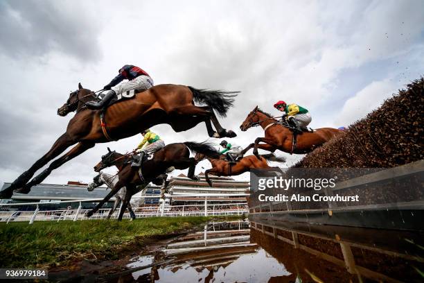 Harry Cobden riding Bally Longford clear the water jump on their way to winning The Be Wiser Insurance Handicap Chase at Newbury racecourse on March...