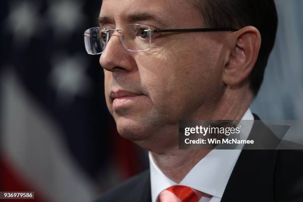 Deputy Attorney General Rod Rosenstein attends a press conference at the Department of Justice March 23, 2018 in Washington, DC. Rosenstein and other...