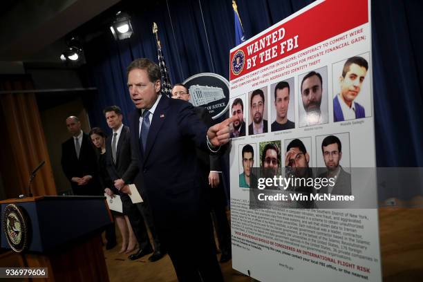 Attorney for the Southern District of New York Geoffrey Berman speaks at a press conference at the Department of Justice March 23, 2018 in...
