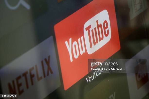 The YouTube and Netflix app logos are seen on a television screen on March 23, 2018 in Istanbul, Turkey. The Government of Turkish President Recep...