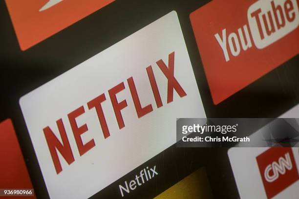The Netflix App logo is seen on a television screen on March 23, 2018 in Istanbul, Turkey. The Government of Turkish President Recep Tayyip Erdogan...