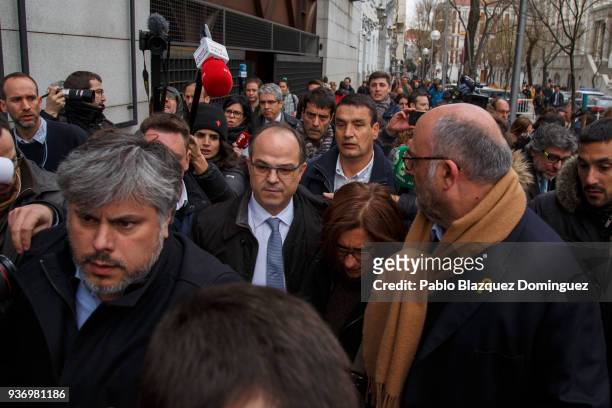 Catalan leader Jordi Turull leaves for a break during the a hearing at the Supreme Court on March 23, 2018 in Madrid, Spain. A judge of the Supreme...