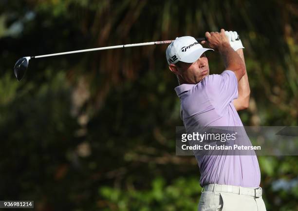 Shawn Stefani plays his shot from the seventh tee during round two of the Corales Puntacana Resort & Club Championship on March 23, 2018 in Punta...