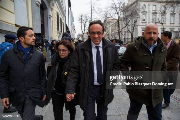 Catalan leader Josep Rull leaves for a break during a hearing at the Supreme Court on March 23, 2018 in Madrid, Spain. A judge of the Supreme Court...