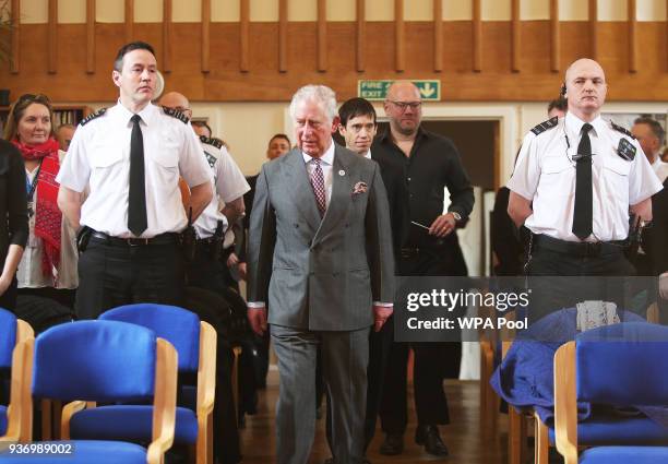 Prince Charles, Prince of Wales arrives at the prison chapel with Minister of State for Courts and Justice Rory Stewart to watch a 20 minute...