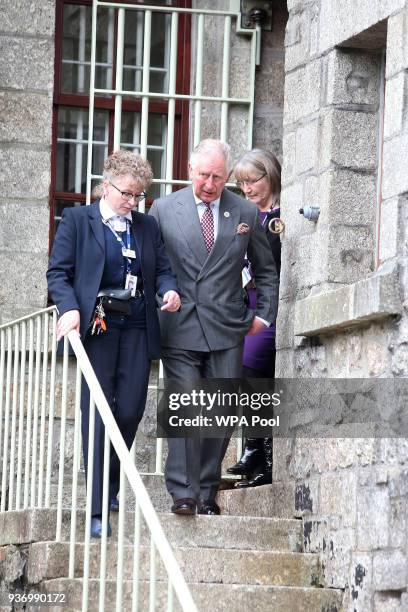 Prince Charles, Prince of Wales is accompanied by Governer Bridie Oakes-Richard as he visits HM Prison Dartmoor on March 23, 2017 in London, United...