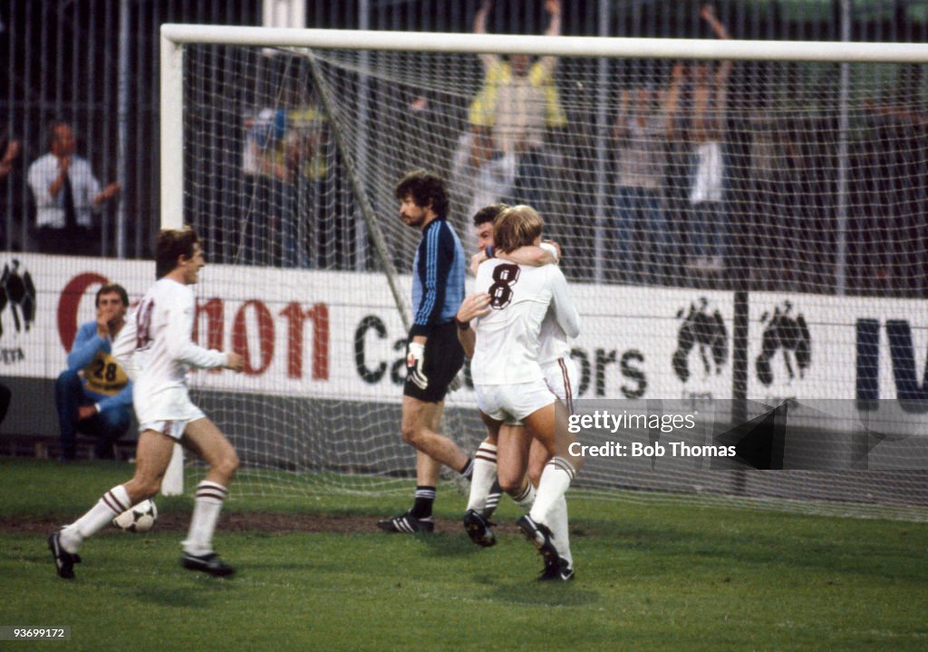 Aston Villa's Peter Withe is congratulated after scoring his goal by ...