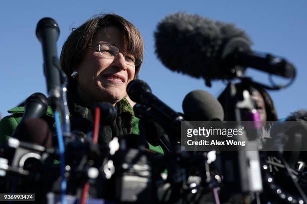 Sen. Amy Klobuchar participates in a news conference on gun control March 23, 2018 on Capitol Hill in Washington, DC. The lawmaker, joined by...