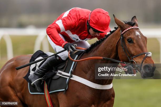 Noel Fehily riding Darius Des Bois clear the last to win The Doom Bar Handicap Hurdle Race at Newbury racecourse on March 23, 2018 in Newbury,...