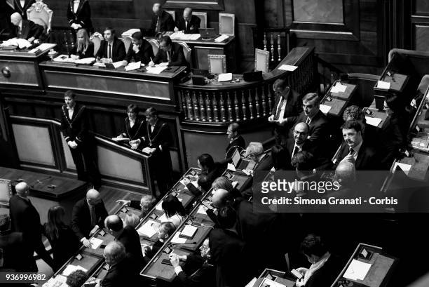 Image has been converted to black and white.) Matteo Renzi during the First sitting of the Senate of the XVIII Legislature, for the election of the...