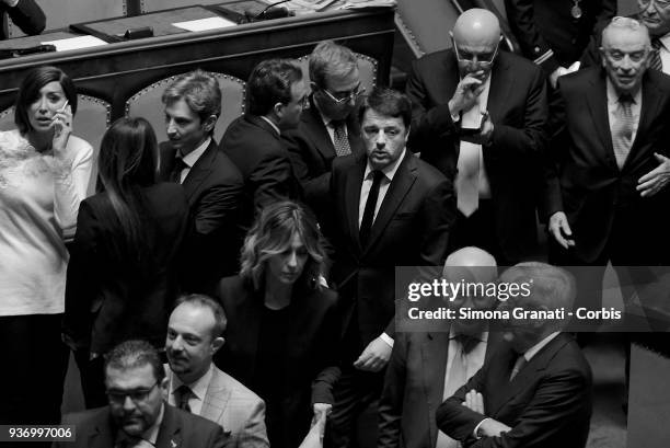 Image has been converted to black and white.) Matteo Renzi during the First sitting of the Senate of the XVIII Legislature, for the election of the...