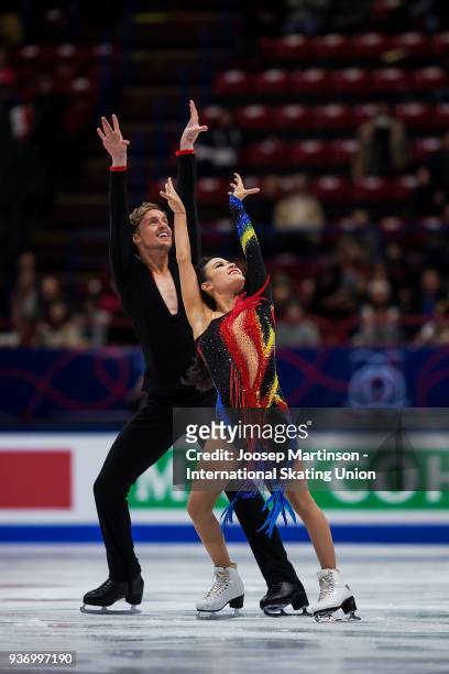Madison Chock and Evan Bates of the United States compete in the Ice Dance Free Dance during day two of the World Figure Skating Championships at...