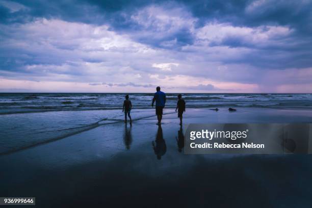 family at beach on overcast night - beach night stockfoto's en -beelden