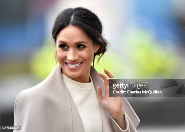 Meghan Markle is seen ahead of her visit with Prince Harry to the iconic Titanic Belfast during their trip to Northern Ireland on March 23, 2018 in...