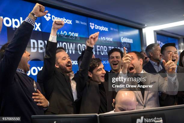 Dropbox CEO Drew Houston and Dropbox co-founder Arash Ferdowsi celebrate the launch of Dropbox's initial public offering at Nasdaq MarketSite, March...