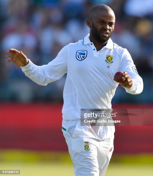 Temba Bavuma of South Africa prepares to bowl during day 2 of the 3rd Sunfoil Test match between South Africa and Australia at PPC Newlands on March...