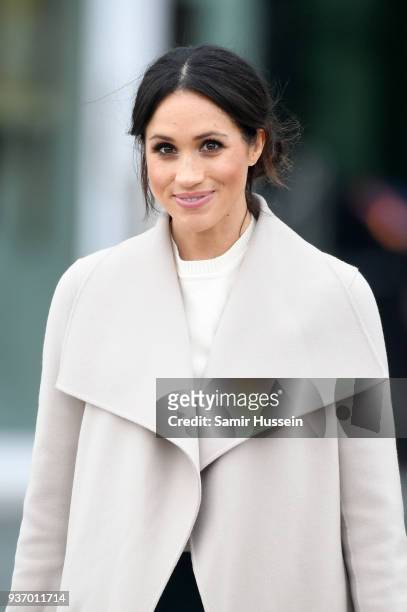 Meghan Markle departs the iconic Titanic Belfast during her visit with Prince Harry to Northern Ireland on March 23, 2018 in Belfast, Northern...