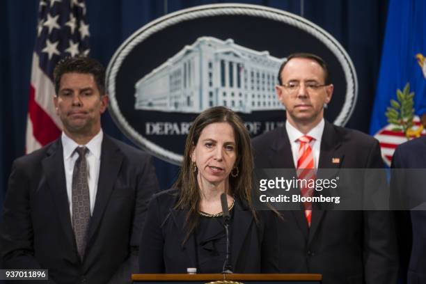 Sigal Mandelker, U.S. Treasury undersecretary for terrorism and financial intelligence, center, speaks during a news conference on cyber law...