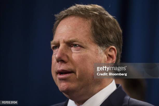 Geoffrey Berman, U.S. Attorney for the Southern District of New York, speaks during a news conference on cyber law enforcement at the Department of...