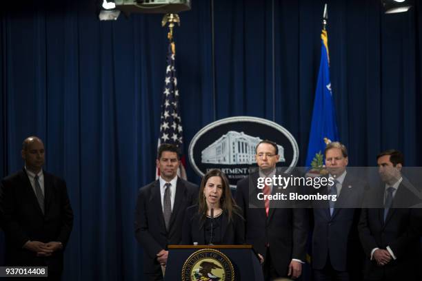 Sigal Mandelker, U.S. Treasury undersecretary for terrorism and financial intelligence, center, speaks during a news conference on cyber law...