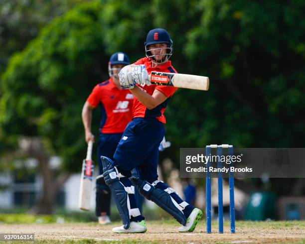 Joe Clarke of North hits a 4 during the ECB North v South Series match Three at 3Ws Oval on March 23, 2018 in Bridgetown, Barbados.