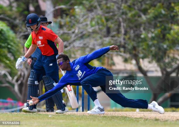 Delray Rawlins of South fielding as Joe Clarke of North looks on during the ECB North v South Series match Three at 3Ws Oval on March 23, 2018 in...