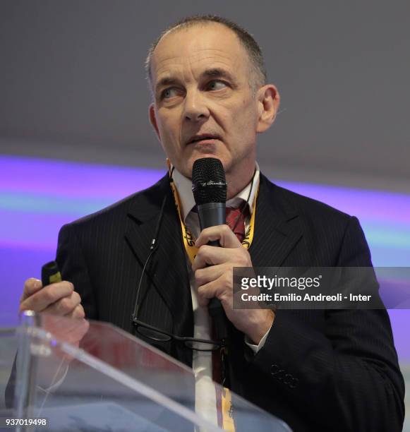 Gian Nicola Bisciotti of FC Internazionale delivers a speech during FC Internazionale Medical Meeting on March 23, 2018 in Milan, Italy.