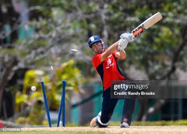 Sam Hain of North bowled by Sam Curran of South during the ECB North v South Series match Three at 3Ws Oval on March 23, 2018 in Bridgetown, Barbados.