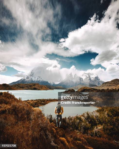 man hiking at torres del paine - chile - chile torres del paine stock pictures, royalty-free photos & images